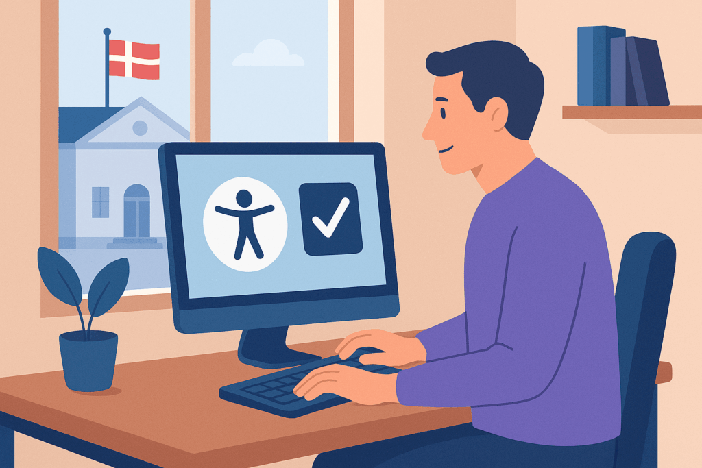 Mand sidder ved skrivebord i et hyggeligt kontor og arbejder på en computer med tilgængelighedssymboler på skærmen; udenfor vinduet ses et lille rådhus med Dannebrogsflag.