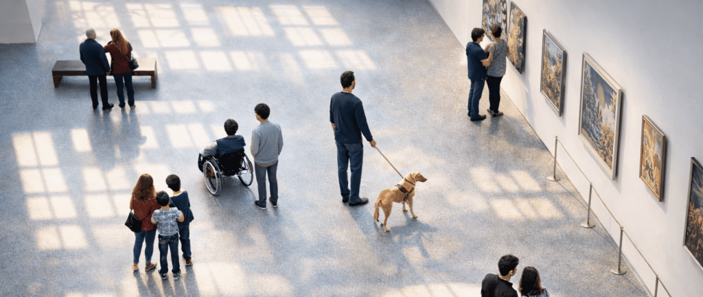 Overview photo taken from above in a bright museum gallery with large windows, where sunlight casts square shadows on the floor. Several visitors move around among paintings hanging on the wall to the right. A man leads a guide dog in a harness. A person in a wheelchair sits with a companion. A family with two children stands together looking toward the wall. The room is open, with plenty of space between people and a bench in the background.