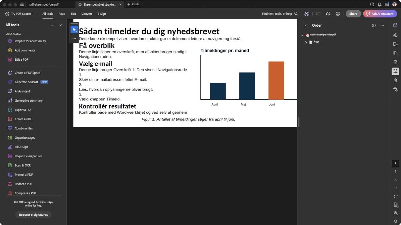 Acrobat viser PDF-eksemplet og panelet Order med dokumentets første side.