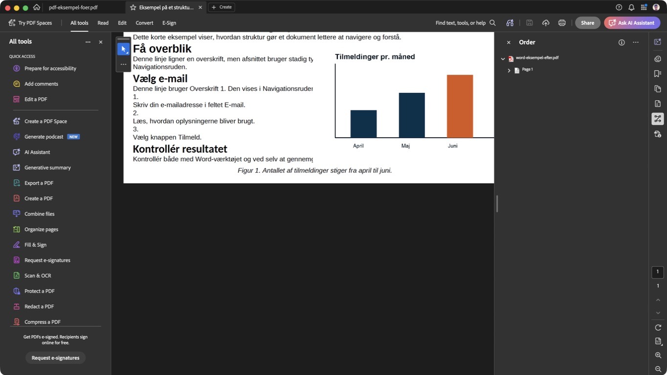 PDF-eksemplet vises i Acrobats reflow-visning med teksten samlet i en smallere læseretning og diagrammet placeret ved siden af teksten.