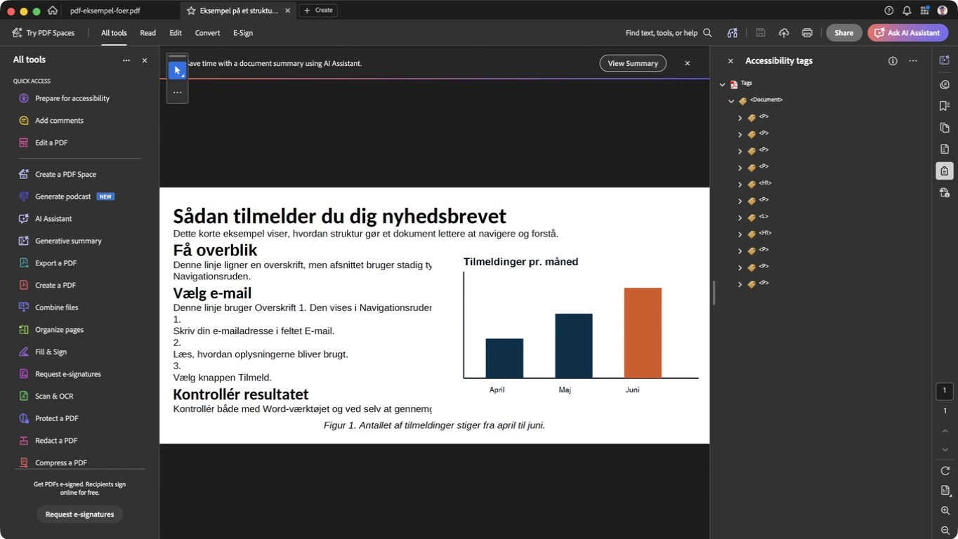 Acrobat viser PDF-eksemplet og panelet Accessibility tags med afsnit, overskrifter og en liste.