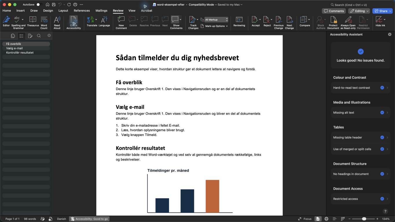 Det rettede Word-dokument med tre overskrifter i Navigationsruden og beskeden Looks good! No issues found i Tilgængelighedskontrol.