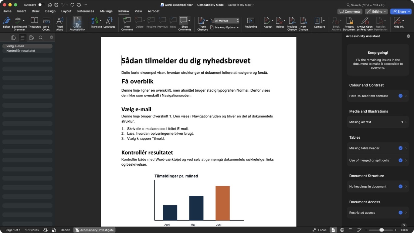 Word med Navigationsruden til venstre og Tilgængelighedskontrol til højre. Teksten Få overblik mangler i ruden, og kontrollen viser én manglende alternativtekst.