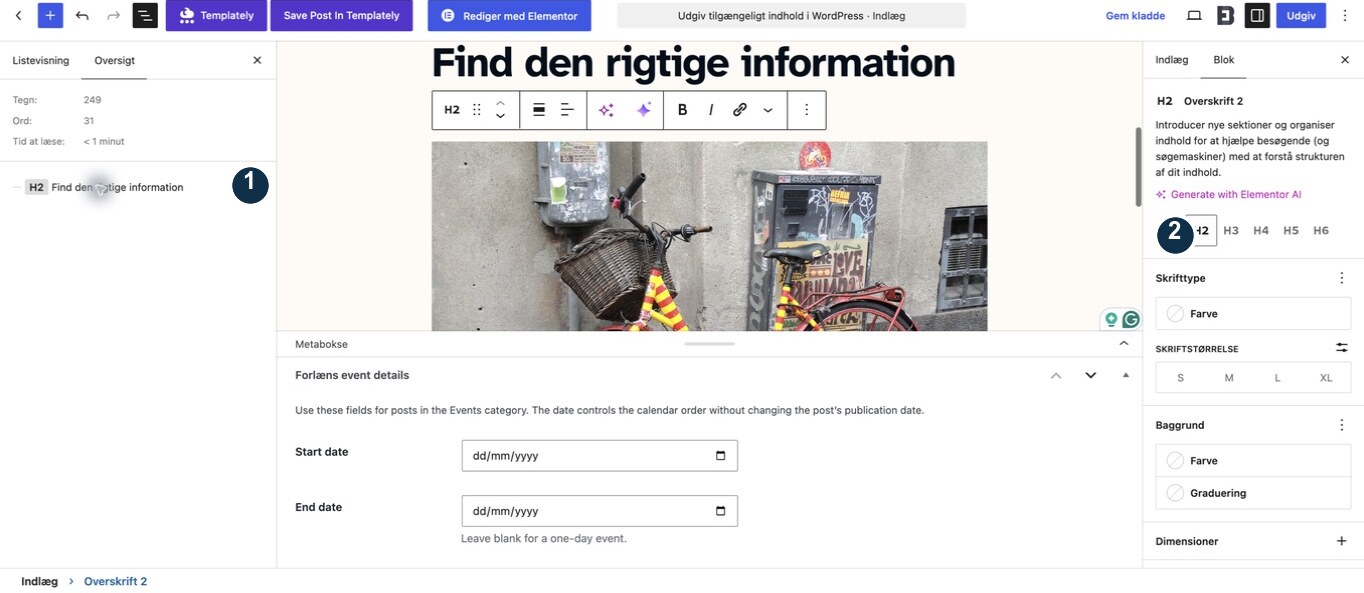 WordPress-blokeditoren med Dokumentoversigt åben. Oversigten og blokindstillingerne viser en overskrift på niveau 2.