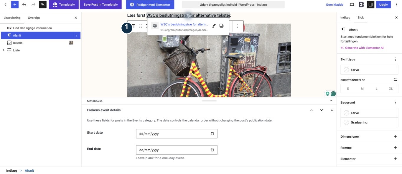 WordPress-blokeditorens linkværktøj med linkteksten W3C's beslutningstræ for alternative tekster og den tilhørende adresse på w3.org.